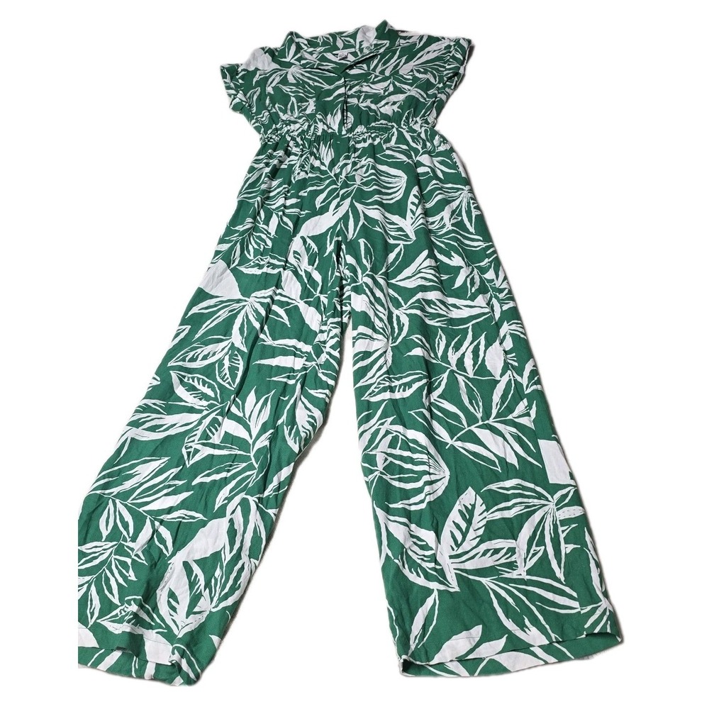 Sincerely Jules Jumpsuit Womens Small Green White Tropical Palm Leaf‎ Rayon...